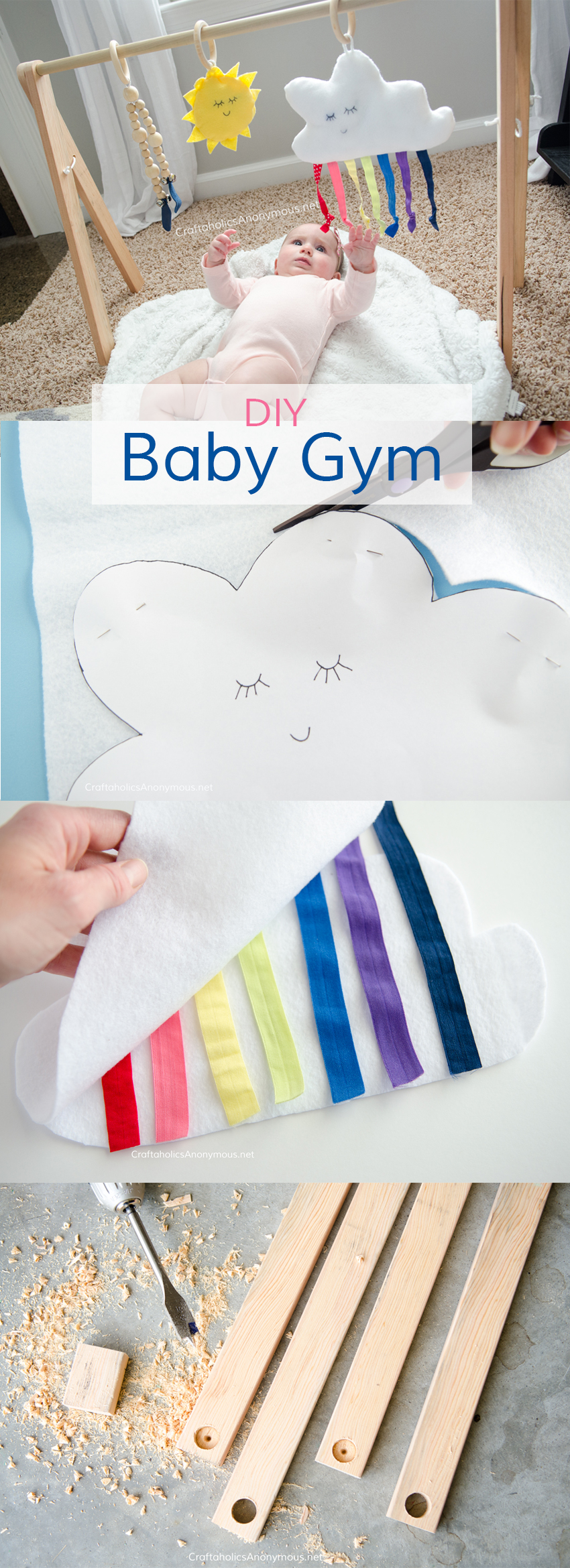 DIY Baby Gym tutorial with Free Printable patterns for the Sleepy Rainbow Cloud, sun, and raindrop