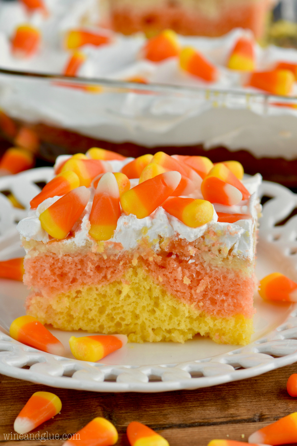  Candy Corn Poke Cake from Wine and Glue