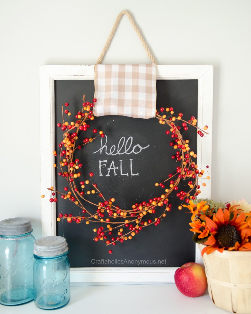 DIY Fall Decor :: Easy Fall Chalk art with berry wreath and gingham ribbon