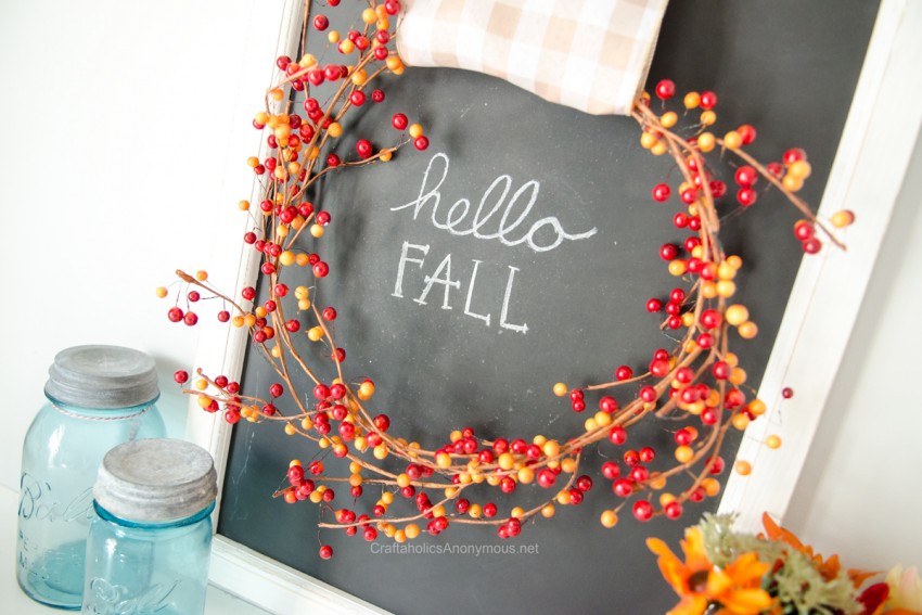 Fall Chalk Art DIY :: Love the berry wreath with gingham ribbon!