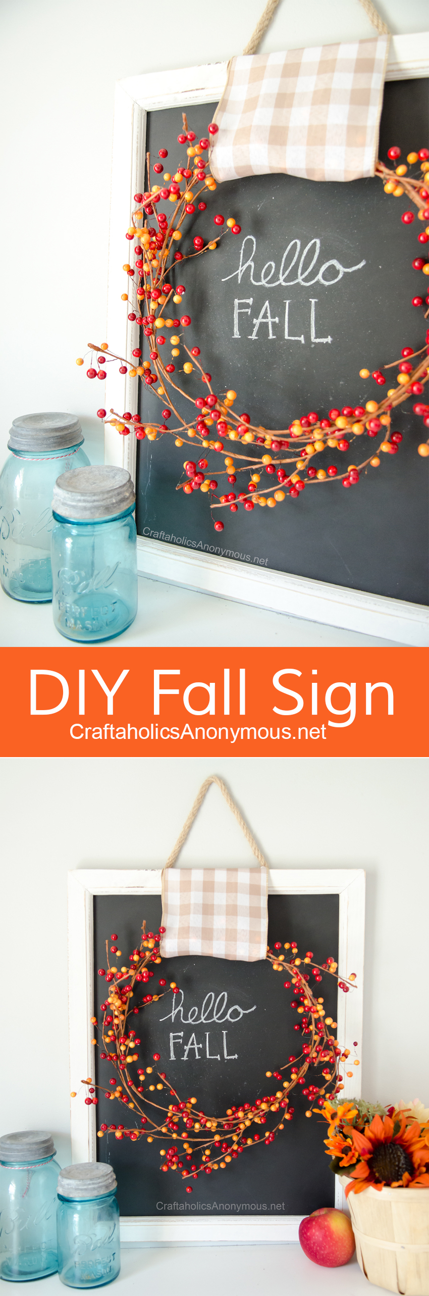 DIY Fall Sign :: Love the berry wreath with the gingham ribbon
