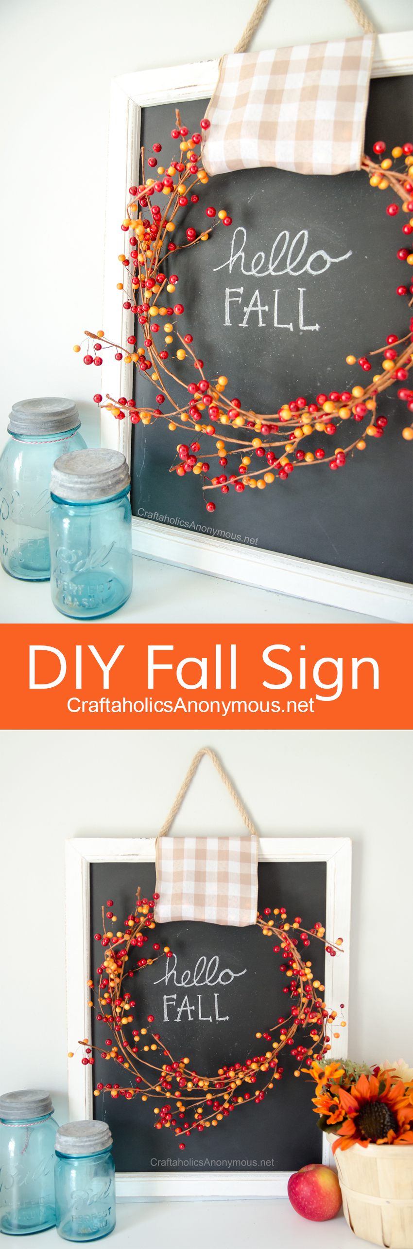DIY Fall Sign :: Love the berry wreath with the gingham ribbon