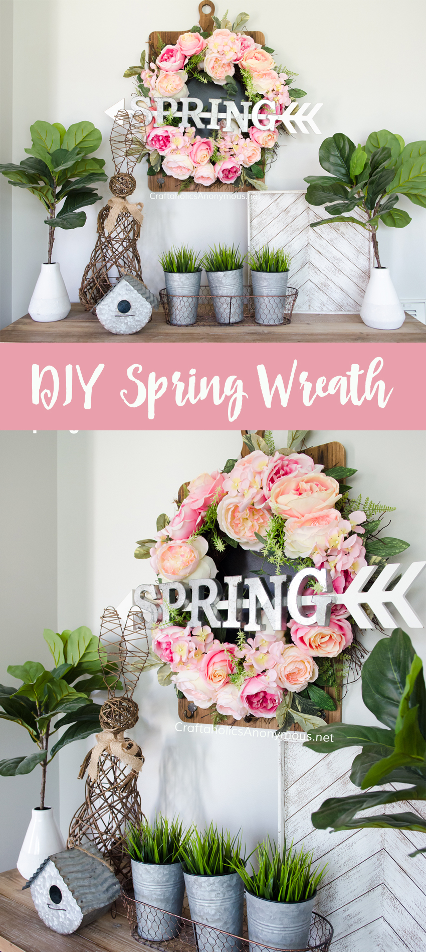 DIY Spring Wreath and Spring Decor vignette